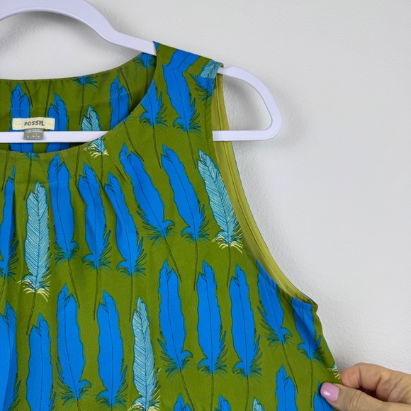 FOSSIL Green Blue Sleeveless Lightweight Feather Shift Lined Dress / Size Large - Picture 4 of 10